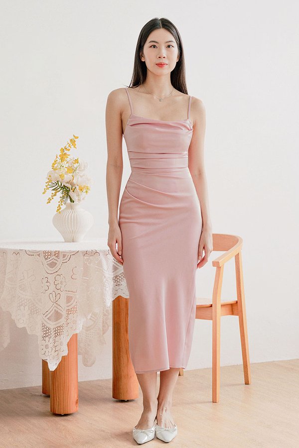 Chantel Padded Cowl Satin Midaxi Dress (Pink)