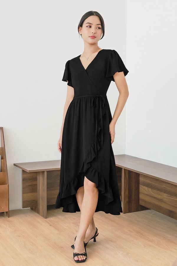 *PREORDER - ETA 24 NOV* Claudia Flutter Sleeve Wrap Midi Dress (Black)
