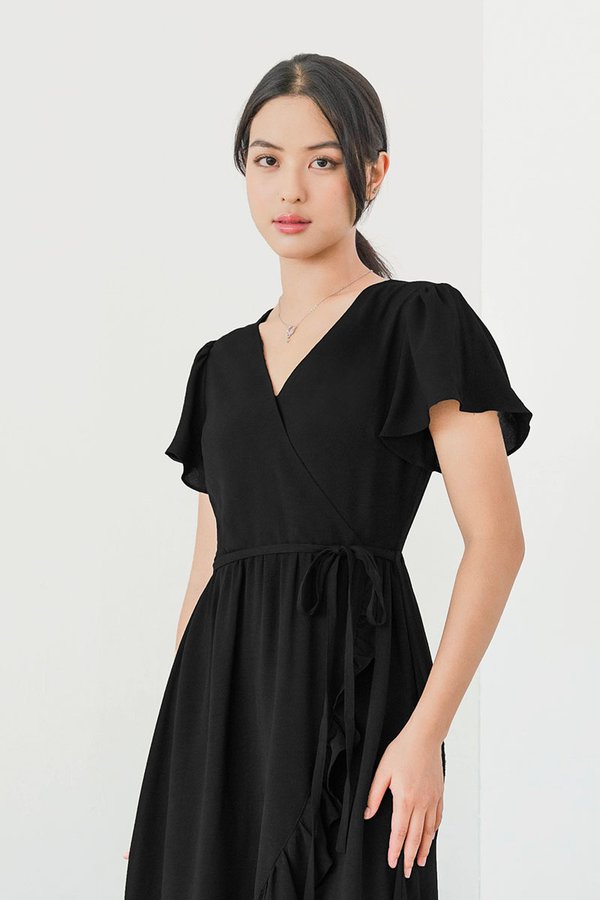 *PREORDER - ETA 24 NOV* Claudia Flutter Sleeve Wrap Midi Dress (Black)