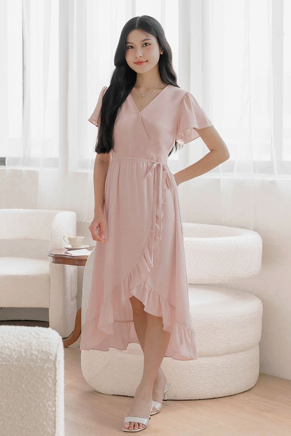 *PREORDER - ETA 24 NOV* Claudia Flutter Sleeve Wrap Midi Dress (Pink)