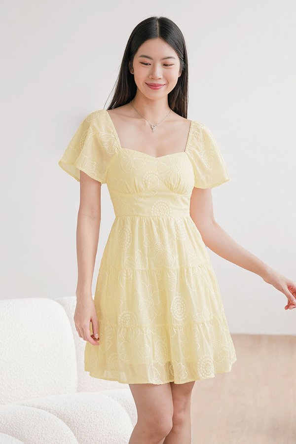 Darley Padded Flutter Sleeve Embroidery Dress (Daffodil)