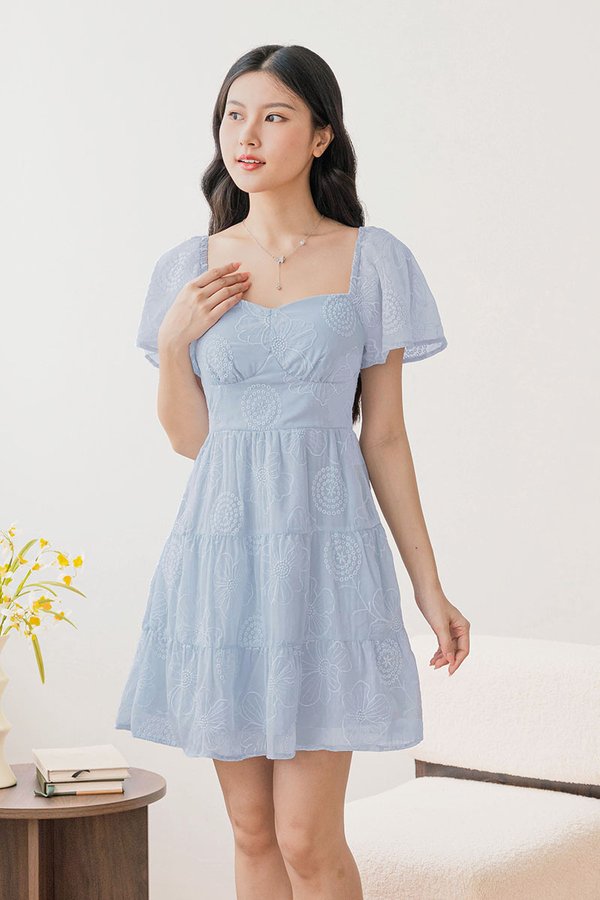 Darley Padded Flutter Sleeve Embroidery Dress (Icy Blue)