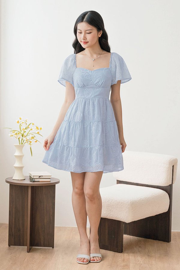 Darley Padded Flutter Sleeve Embroidery Dress (Icy Blue)