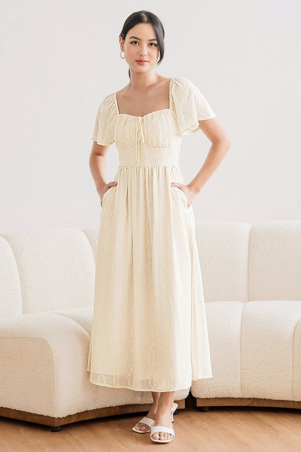 *PREORDER - ETA 2 Dec* Delena Padded Flutter Sleeve Midaxi Dress (Buttermilk)