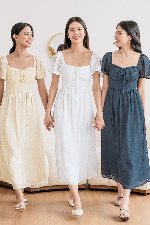 *PREORDER - ETA 2 Dec* Delena Padded Flutter Sleeve Midaxi Dress (Buttermilk)