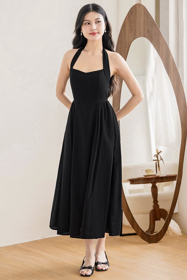 *PREORDER - ETA 2 Dec* Diana Padded Curved Waist Halter Midi Dress (Black)
