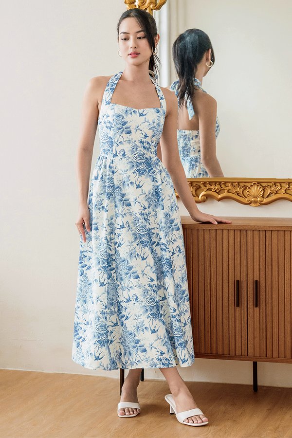 *PREORDER - ETA 2 Dec* Diana Padded Curved Waist Halter Midi Dress (Blue Porcelain)