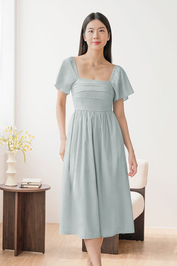 *PREORDER - ETA 24 NOV* Heather Padded Flutter Sleeve Folds Midi Dress (Mint Blue)