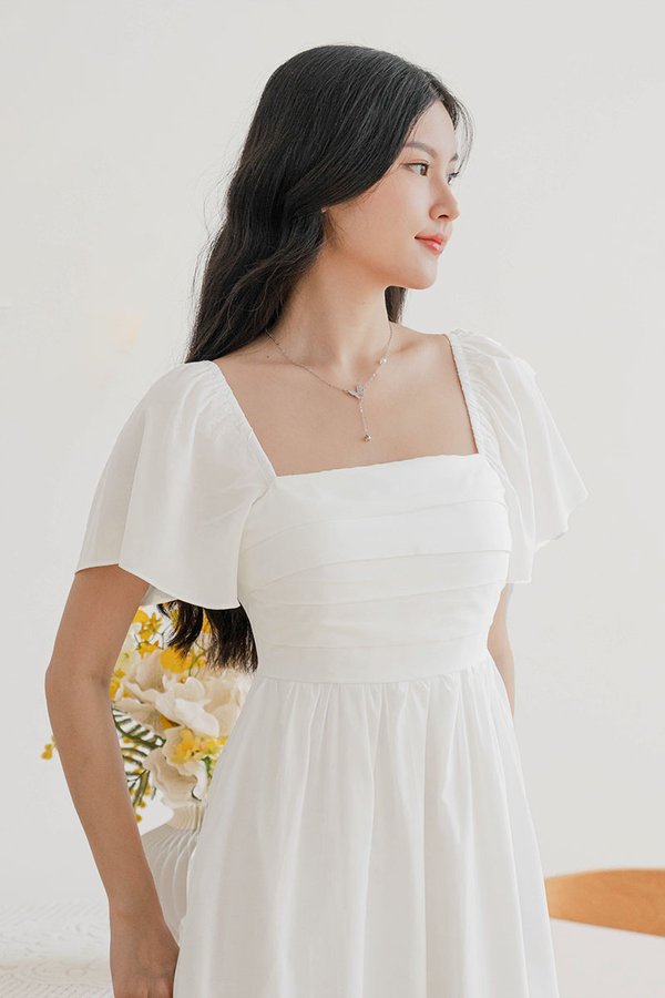 *PREORDER - ETA 24 NOV* Heather Padded Flutter Sleeve Folds Midi Dress (White)