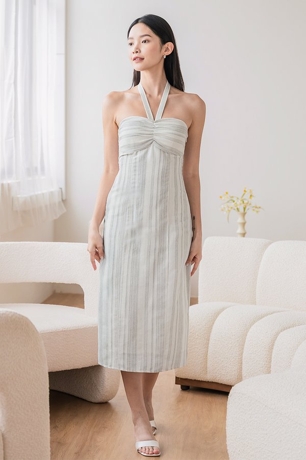Jorine Padded Halter Sweetheart Midi Dress (Light Grey Stripes)