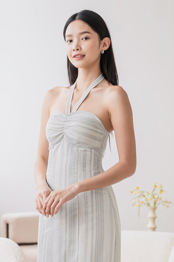 Jorine Padded Halter Sweetheart Midi Dress (Light Grey Stripes)