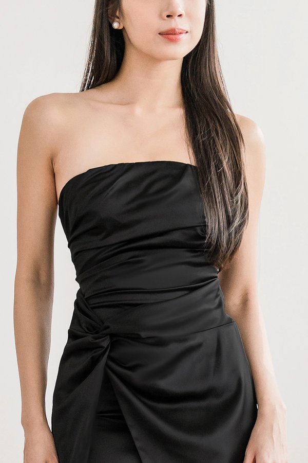 Lucinda Padded Satin Tube Draped Back Dress (Black)