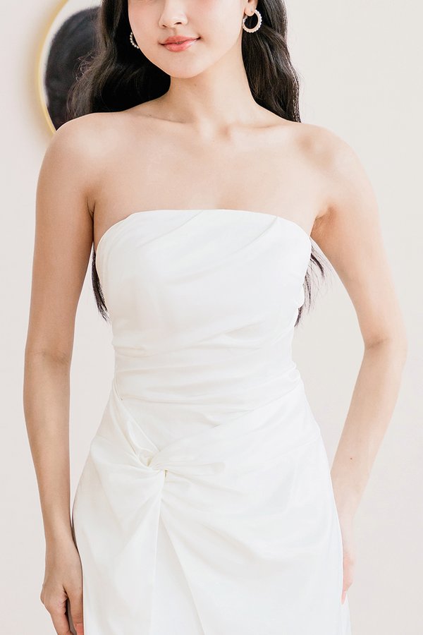 Lucinda Padded Satin Tube Draped Back Dress (White)