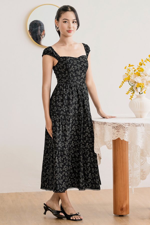 Rosie Padded Tiered MIdaxi Dress (Black Floral)
