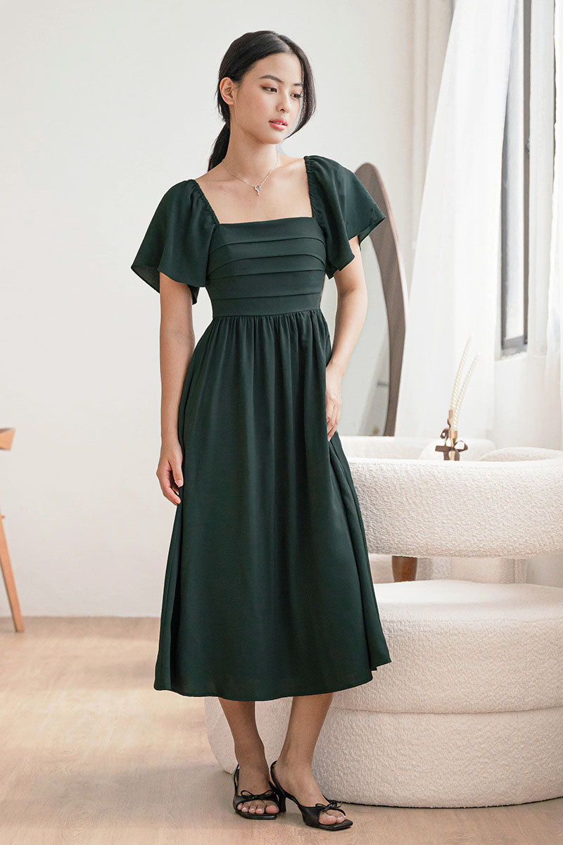 Green Solid Flutter Sleeved And Tiered Dress main image 0