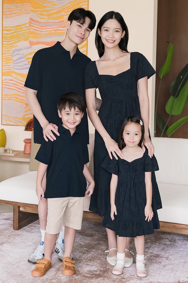 Kids Angel Ruched Flare Sleeve Dress (Midnight Embroidery)