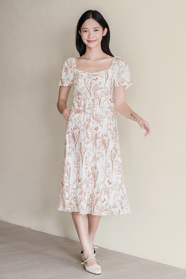 *PREORDER - ETA 18 Dec* Angeline Padded Flare Sleeve Midi Dress (Brick Red Enchanted Reverie)