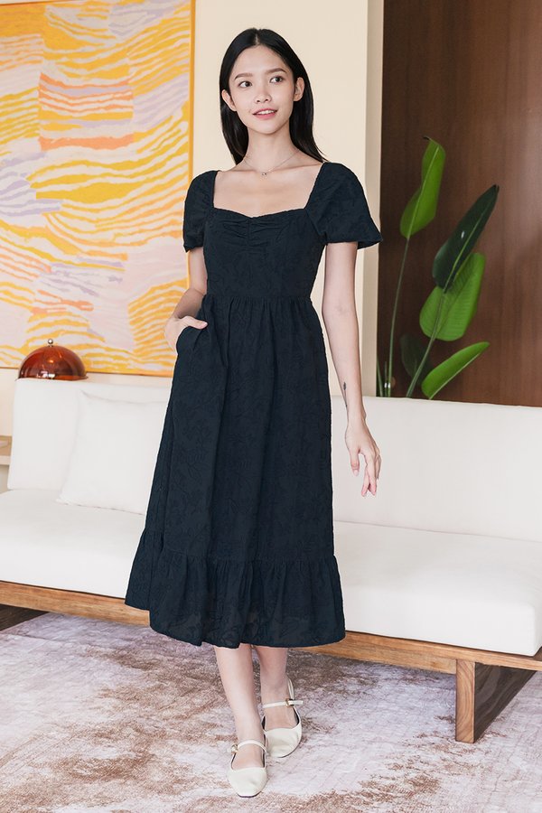 *PREORDER - ETA 23 Dec* Angeline Padded Flare Sleeve Midi Dress (Midnight Embroidery)