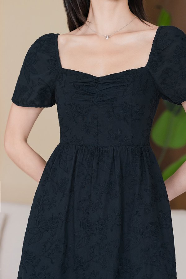 *PREORDER - ETA 23 Dec* Angeline Padded Flare Sleeve Midi Dress (Midnight Embroidery)
