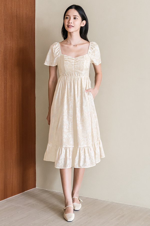 *PREORDER - ETA 18 Dec* Angeline Padded Flare Sleeve Midi Dress (Sand Peach Batik)