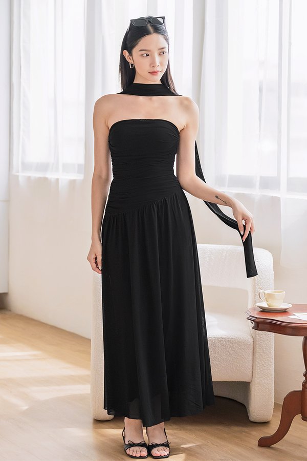 Athelia Padded Ruched Mesh Tube Dress (Black)