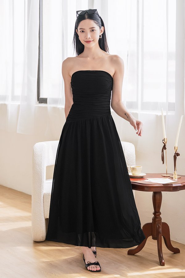 Athelia Padded Ruched Mesh Tube Dress (Black)