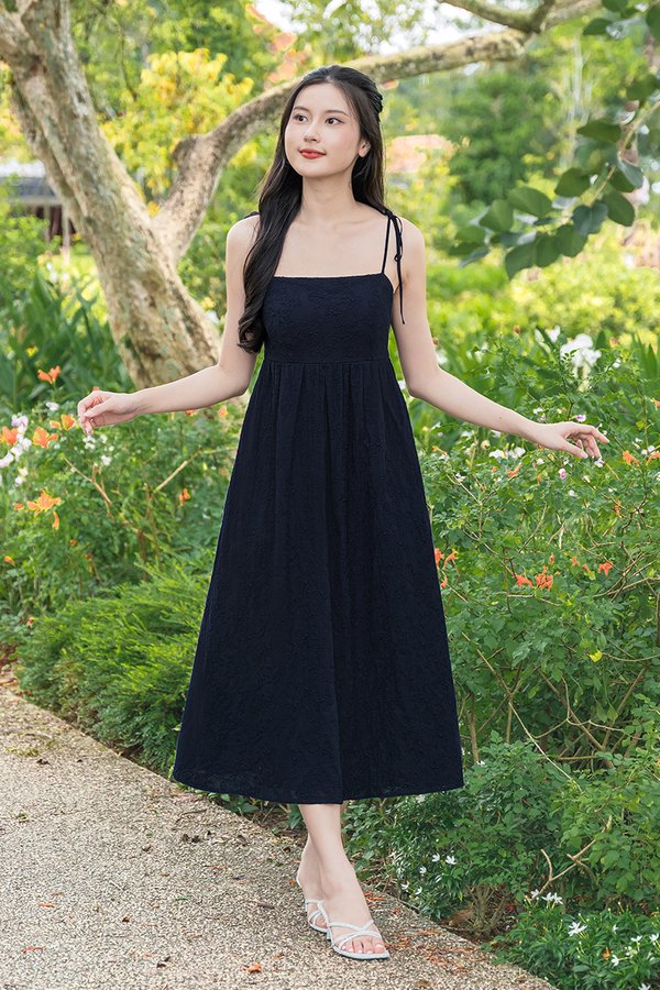 Benedette Padded Babydoll Midaxi Dress (Midnight Embroidery)