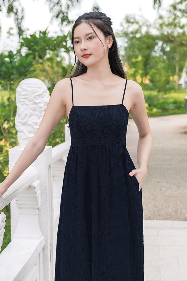 Benedette Padded Babydoll Midaxi Dress (Midnight Embroidery)
