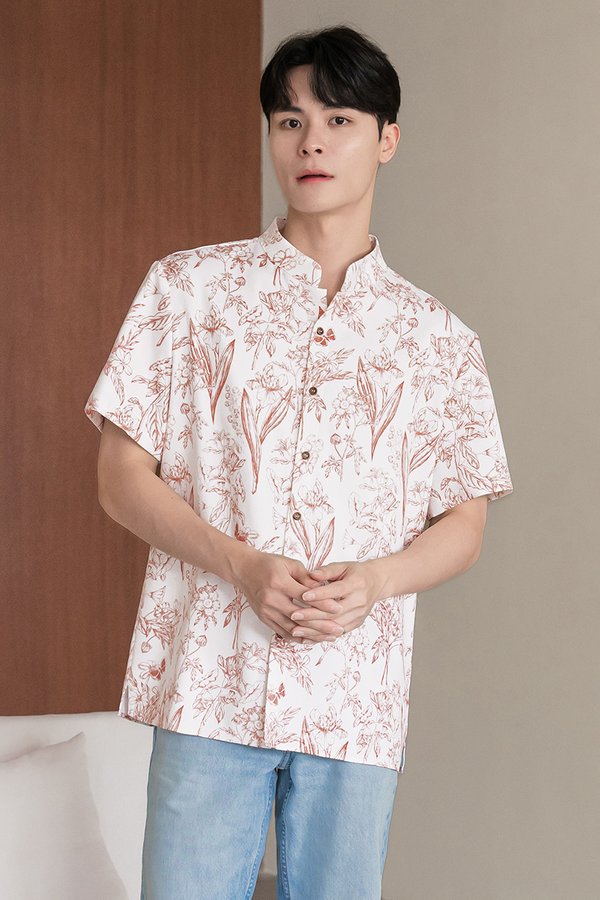 Dan Mandarin Collar Shirt (Brick Red Enchanted Reverie)