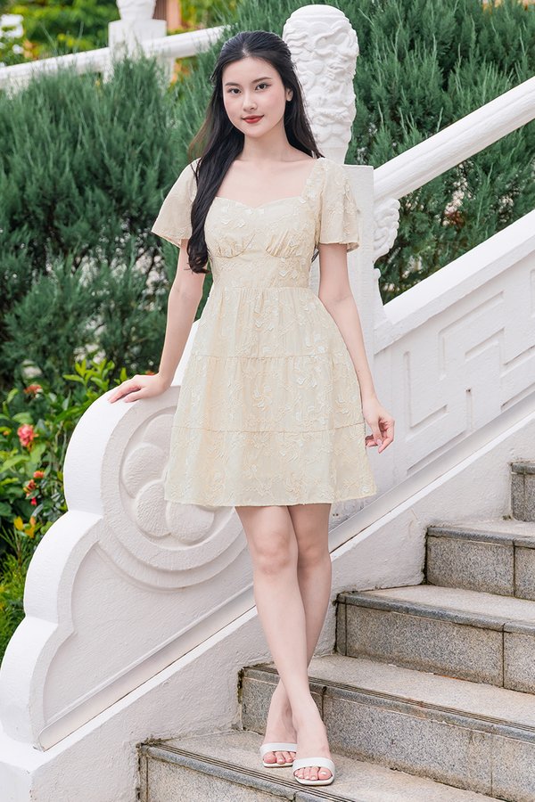 Darley Padded Flutter Sleeve Embroidery Dress (Cream Textured Floral)