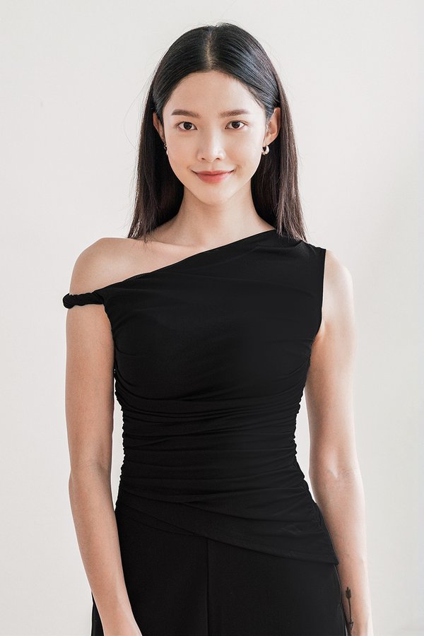 Drea Padded Ruched Twist Strap Top (Black)