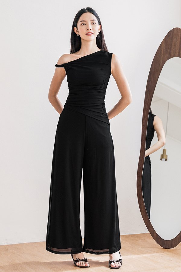 Drea Mesh Wide Leg Palazzo Pants - Petite (Black)