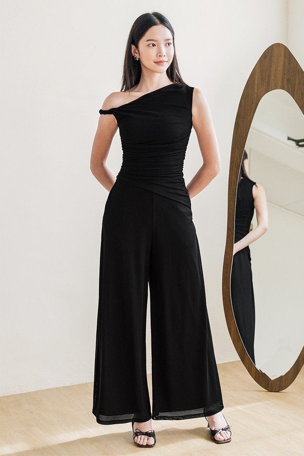 Drea Mesh Wide Leg Palazzo Pants - Petite (Black)