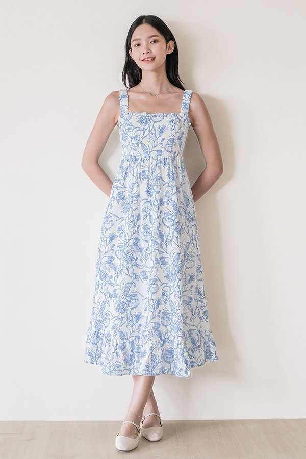 *PREORDER - ETA 18 Dec* Elleria Padded Ruched Strap Midaxi Dress (Blue Batik)