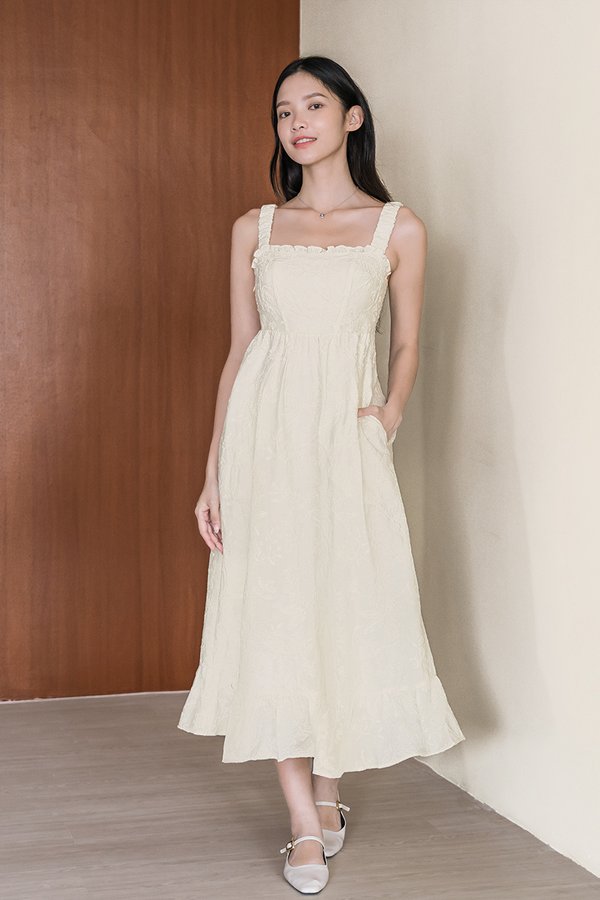 Elleria Padded Ruched Strap Midaxi Dress (Cream Embroidery)