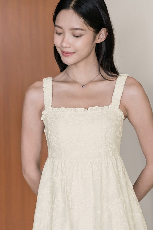 Elleria Padded Ruched Strap Midaxi Dress (Cream Embroidery)