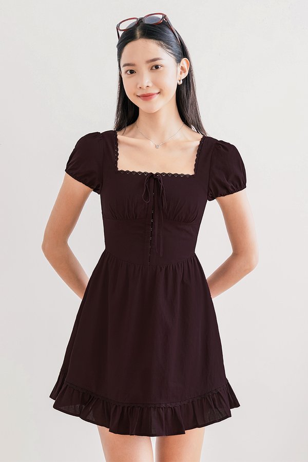 *PREORDER XS, XL, 3XL - ETA 18 Dec* Hazelle Padded Corset Puff Sleeve Dress (Burgundy Brown)