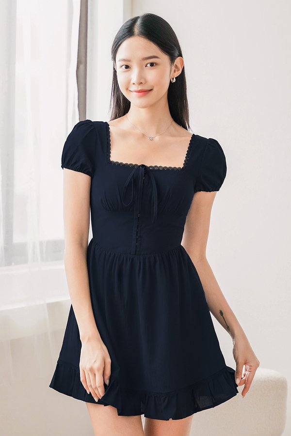 Hazelle Padded Corset Puff Sleeve Dress (Midnight)