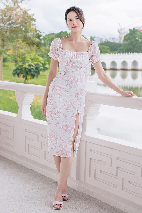 Jasmine Padded Ruched Slit Midi Dress (Rosy Garden)