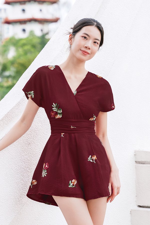 *PREORDER - 20 JAN* Kara Kimono Wrap Flare Romper (Burgundy Prosperous Florals)
