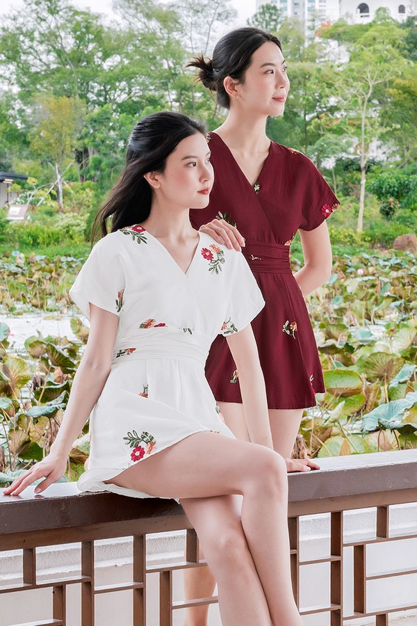 *PREORDER - 20 JAN* Kara Kimono Wrap Flare Romper (Burgundy Prosperous Florals)