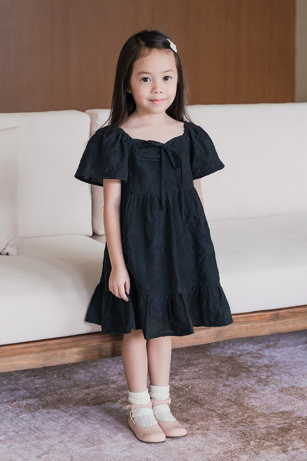 Kids Angel Ruched Flare Sleeve Dress (Midnight Embroidery)