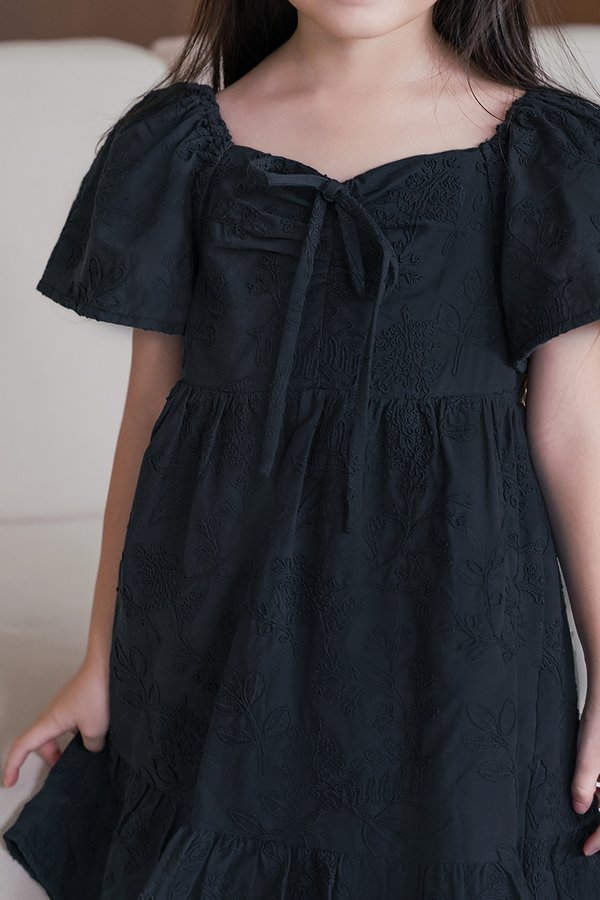 Kids Angel Ruched Flare Sleeve Dress (Midnight Embroidery)