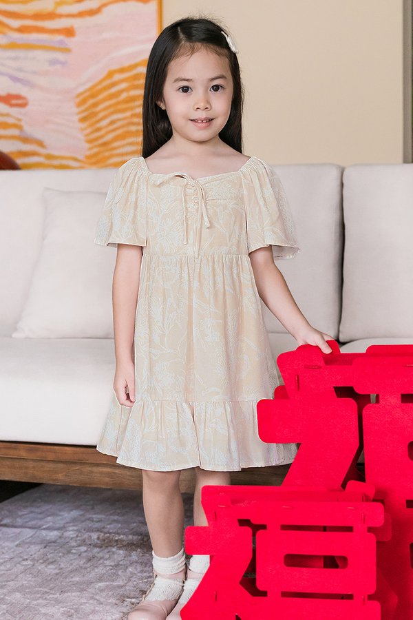 *PREORDER - ETA 18 Dec* Kids Angel Ruched Flare Sleeve Dress (Sand Peach Batik)
