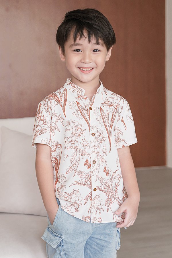 Kids Dane Mandarin Collar Shirt (Brick Red Enchanted Reverie)
