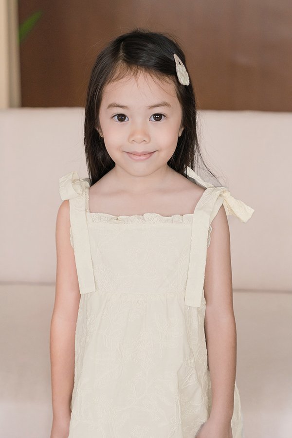 Kids Ella Ruched Tie Strap Dress (Cream Embroidery)