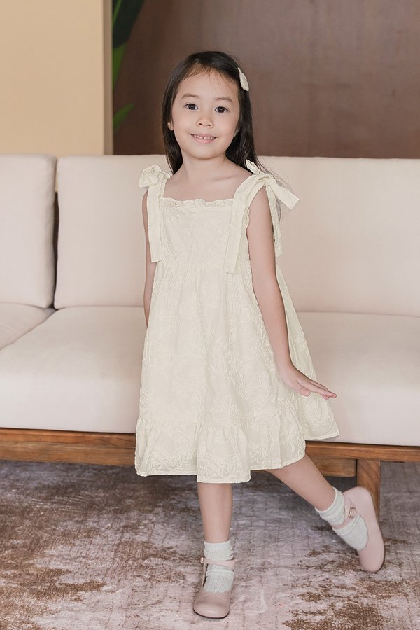 Kids Ella Ruched Tie Strap Dress (Cream Embroidery)