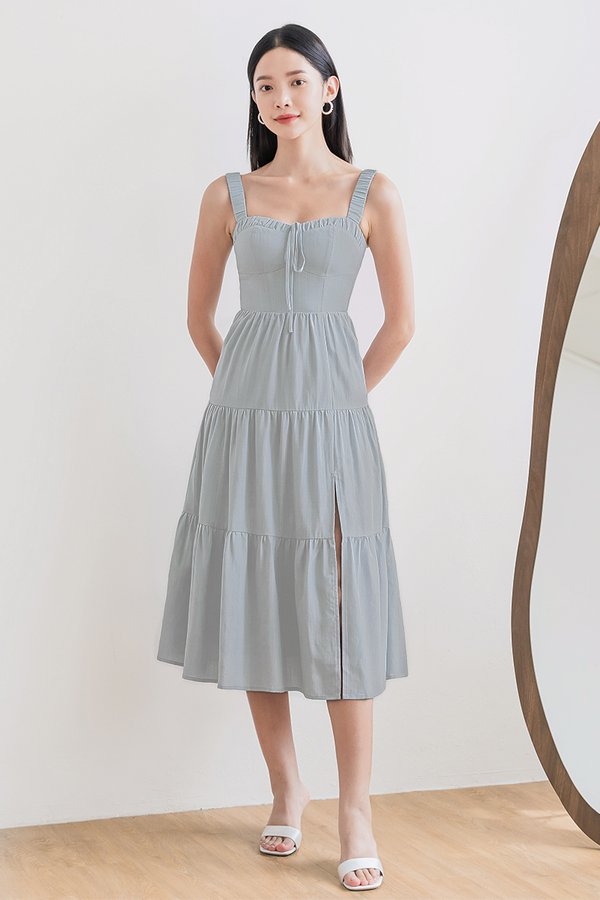 Laura Padded Ruched Strap Midi Dress (Misty Grey)