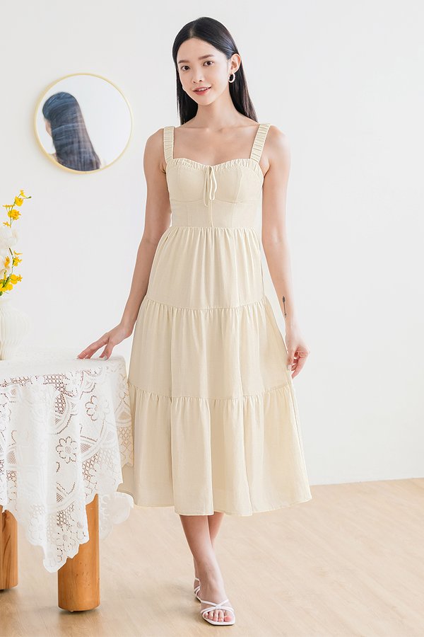 Laura Padded Ruched Strap Midi Dress (Cream Oat)