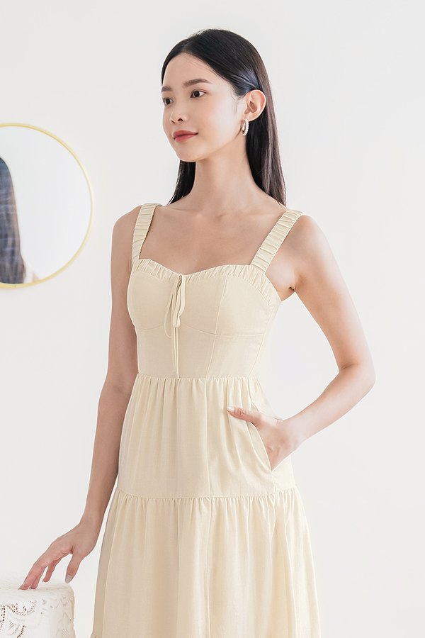 Laura Padded Ruched Strap Midi Dress (Cream Oat)
